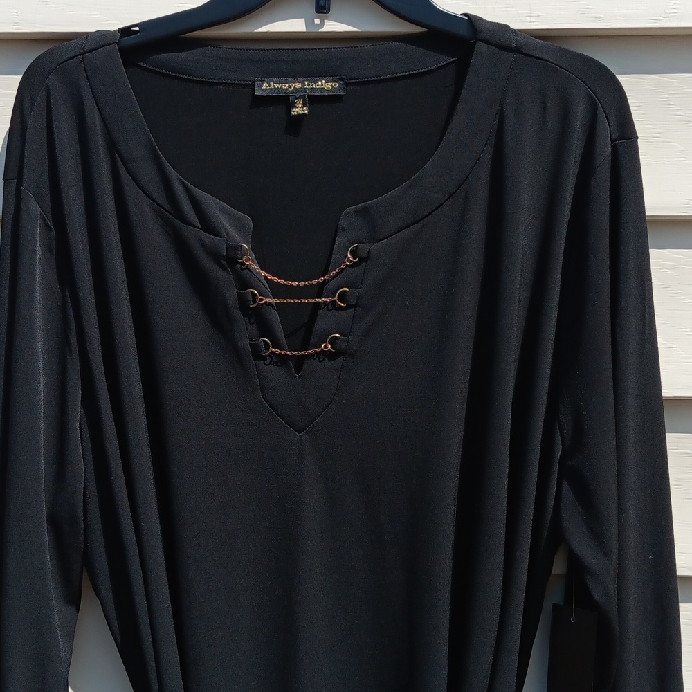 ALWAYS INDIGO Elegant Long Sleeve Black Dress with Waist String- 3X